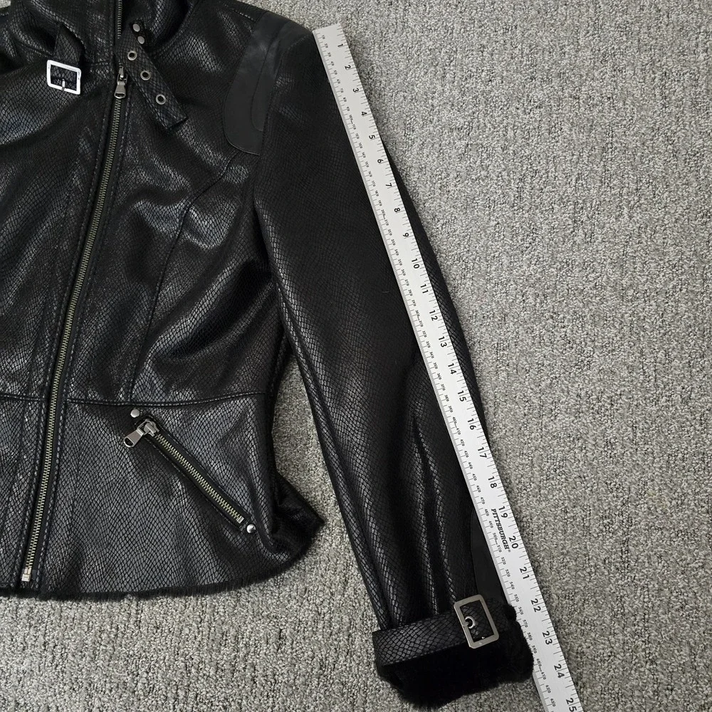VTG Cache Faux Snakeskin Shimmer Leather Fur Trim Zip Jacket Womens‎ L